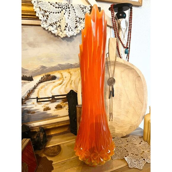 Vintage L.E. Smith Bittersweet Large Orange Swung Glass Diamond Butt Vase 24" - Picture 2 of 7